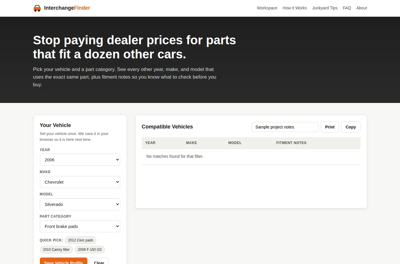 Screenshot of Car Part Interchange Finder interface showing the project page in use